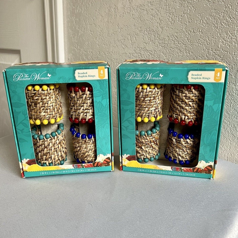 LOT (8pc) Pioneer Woman Napkin Rings Beaded Red Yellow Blue Teal 2 Boxes NEW